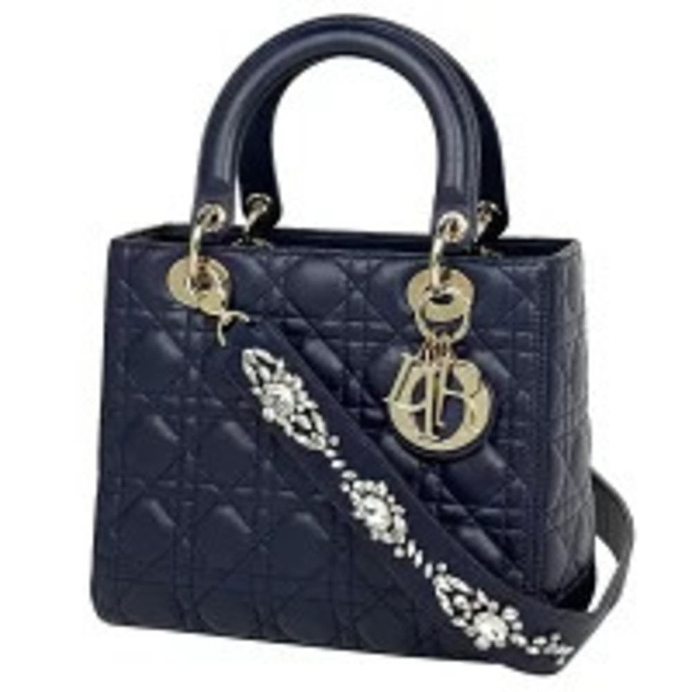 Christian Dior Lady Cannage Shoulder Bag Bejeweled Handbag Leather Purple